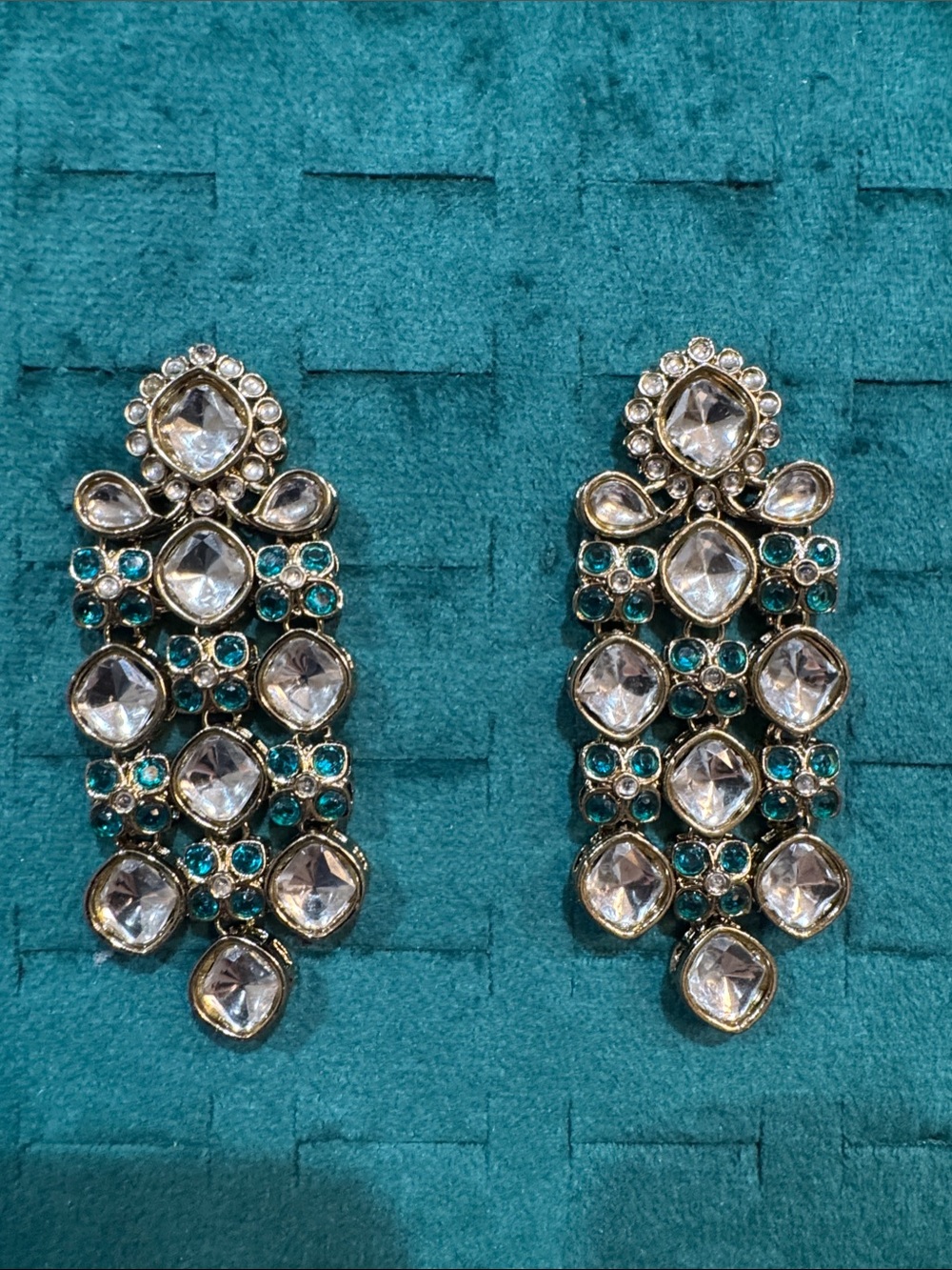 Fashion Jewelry Gold-Tone Drop Earrings with Clear and Teal Stones